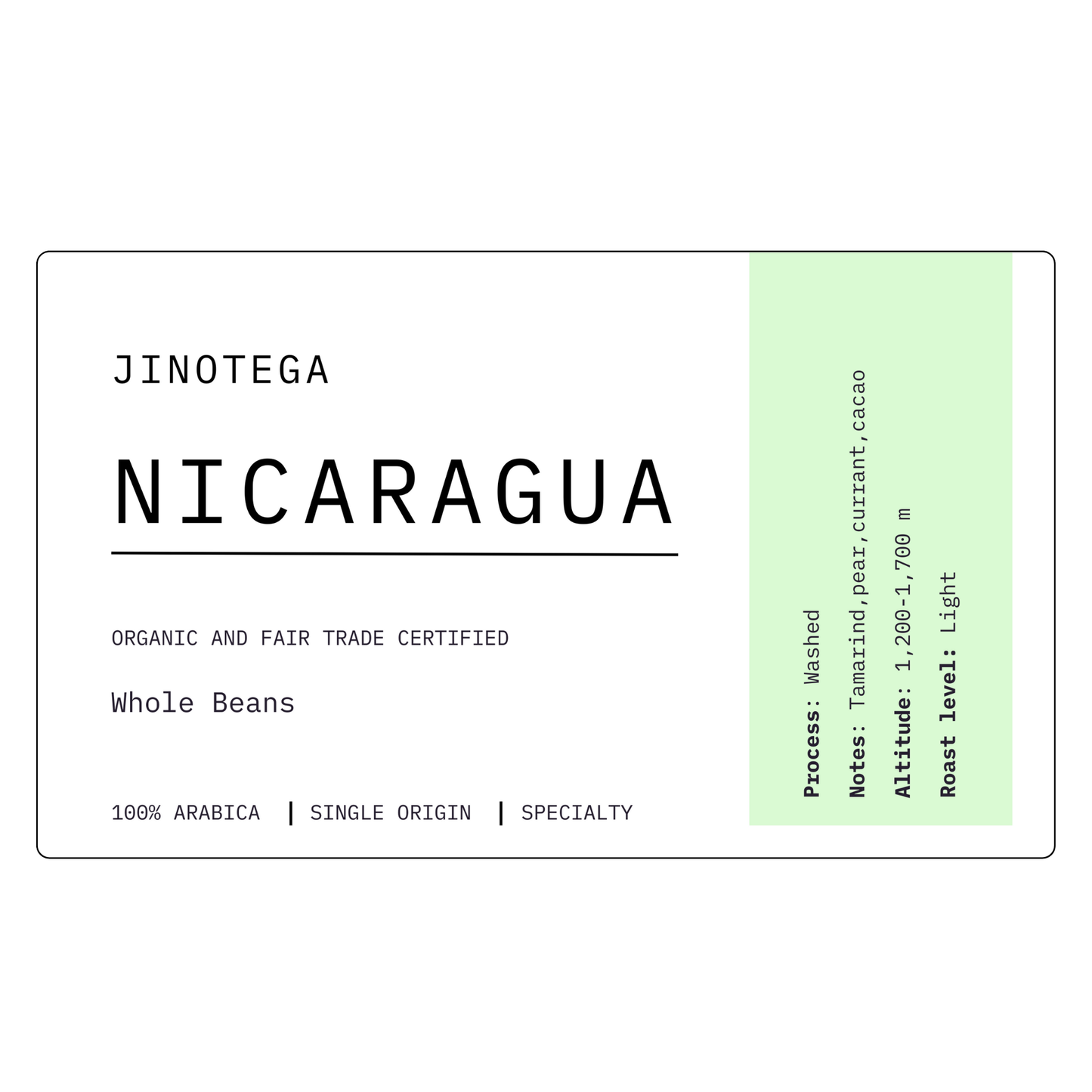 <img src="nicaragua-light-roast-beans.png" alt="Close-up of Nicaragua Jinotega light roast whole coffee beans – specialty Arabica">
