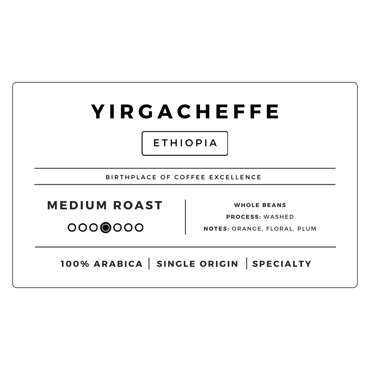 <img src="yirgacheffe-medium-roast-beans.png" alt="Medium roast Yirgacheffe coffee beans with jasmine, citrus, and berry tasting notes">