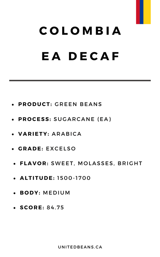 Colombia EA Decaf — Green Coffee Beans — Cocoa, Caramel and Bright Citrus - United Beans specialty coffee beans in Canada