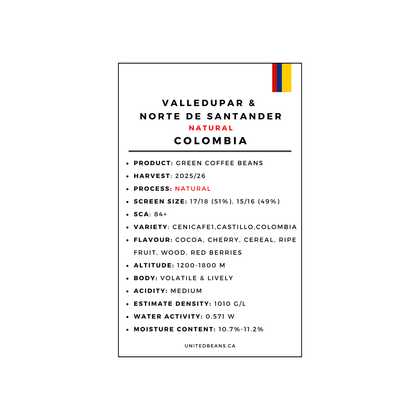 Colombia Valledupar natural green coffee label — Norte de Santander FNC natural process Cenicafe1 Castillo SCA 84 2025 harvest