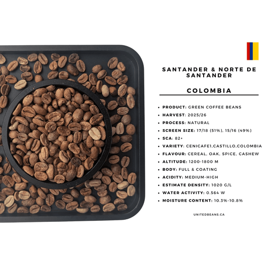 Colombia Santander natural green coffee beans bag — FNC Cenicafe1 Castillo 2025 harvest specialty wholesale Canada