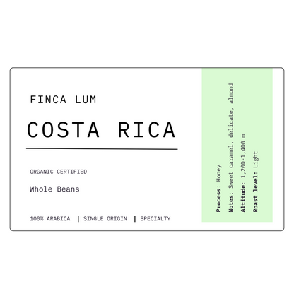 Label for Finca Lum Costa Rica coffee beans with certification and roast information.