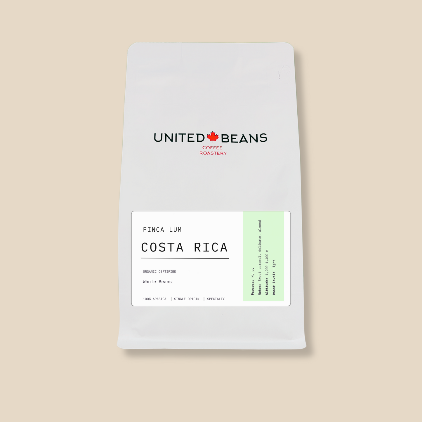 Costa Rica Finca Lum Light Roast Organic Whole Bean Coffee Label
