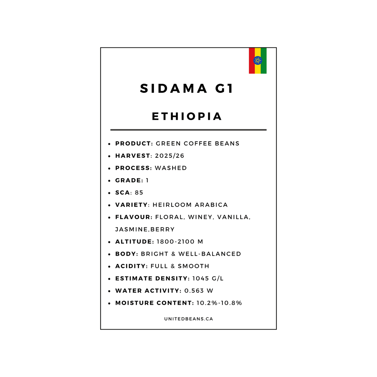 Ethiopia Sidama Grade 1 washed green coffee label — Sidama zone heirloom arabica washed SCA 84.5 2025/26 harvest specialty
