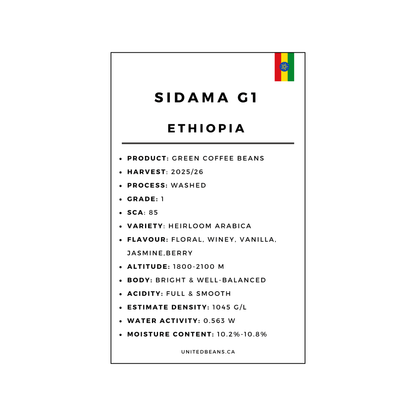Ethiopia Sidama Grade 1 washed green coffee label — Sidama zone heirloom arabica washed SCA 84.5 2025/26 harvest specialty