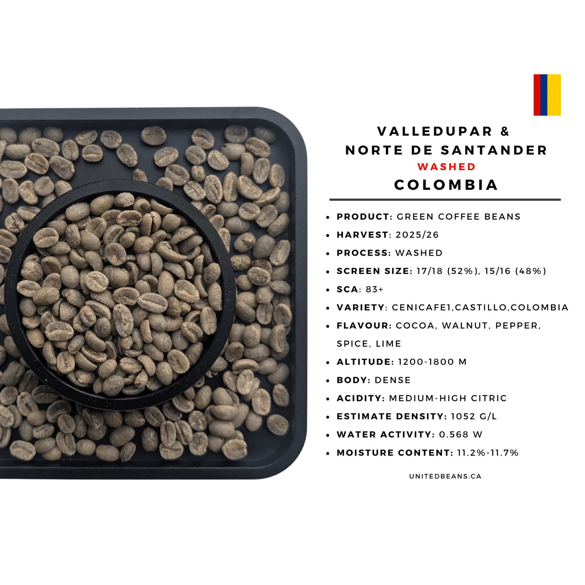 Colombia Valledupar washed green coffee beans bag — FNC Cenicafe1 Castillo 2025 harvest specialty wholesale espresso Canada
