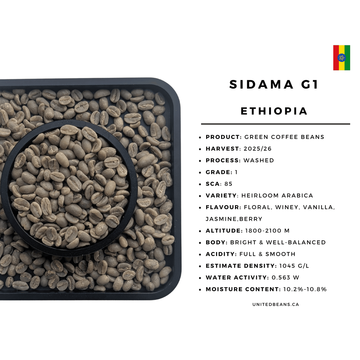 Ethiopia Sidama Grade 1 washed green coffee beans bag — SCA 84.5 heirloom arabica new harvest 2025 specialty home roasting Canada