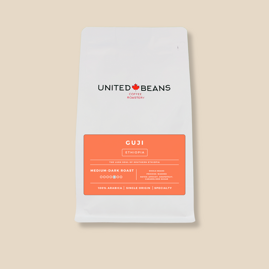 <img src="guji-ethiopia-coffee.png" alt="Guji Ethiopia medium-dark roast whole bean coffee label featuring flavor notes of apricot, grapefruit, and caramelized sugar">