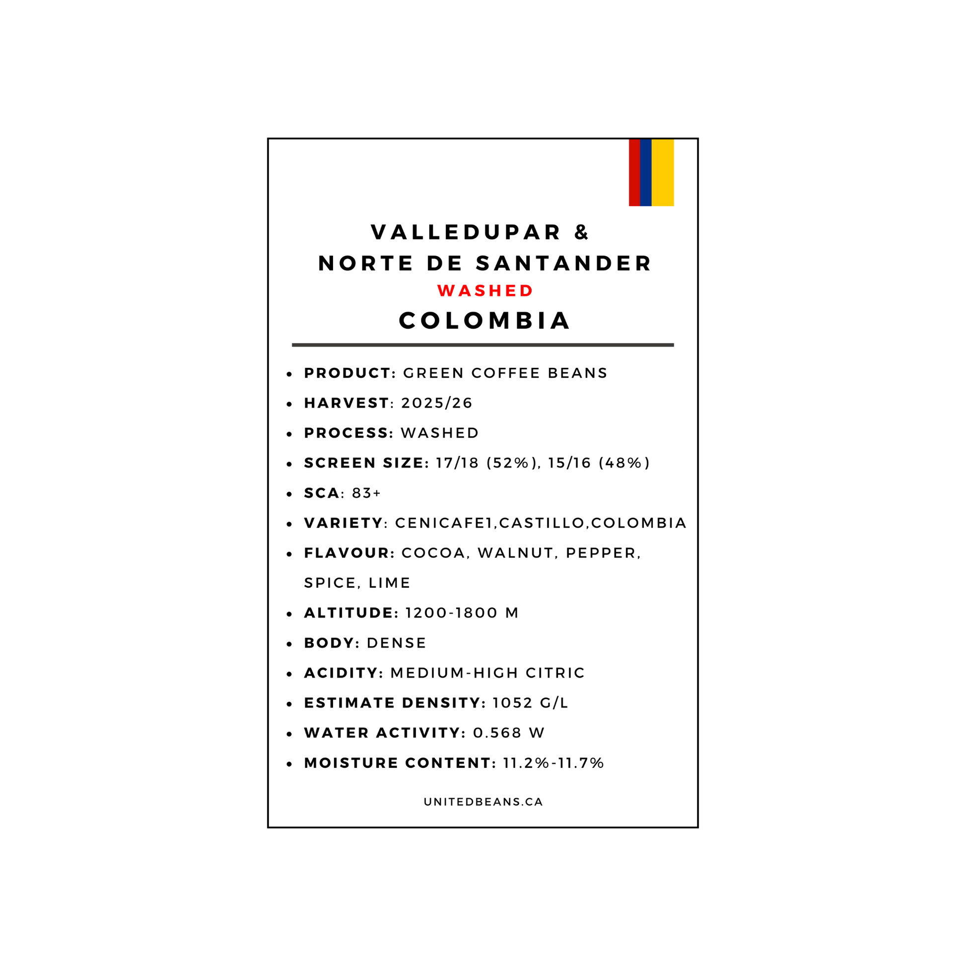 Colombia Valledupar washed green coffee label — Norte de Santander FNC washed Cenicafe1 Castillo Colombia variety SCA 83