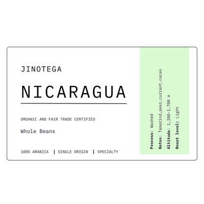 <img src="nicaragua-light-roast-beans.png" alt="Close-up of Nicaragua Jinotega light roast whole coffee beans – specialty Arabica">