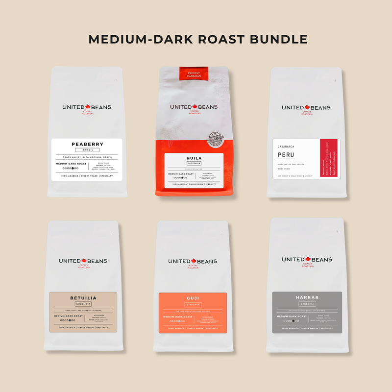 Medium dark roast coffee bundle of six bags of whole bean coffee from United Beans