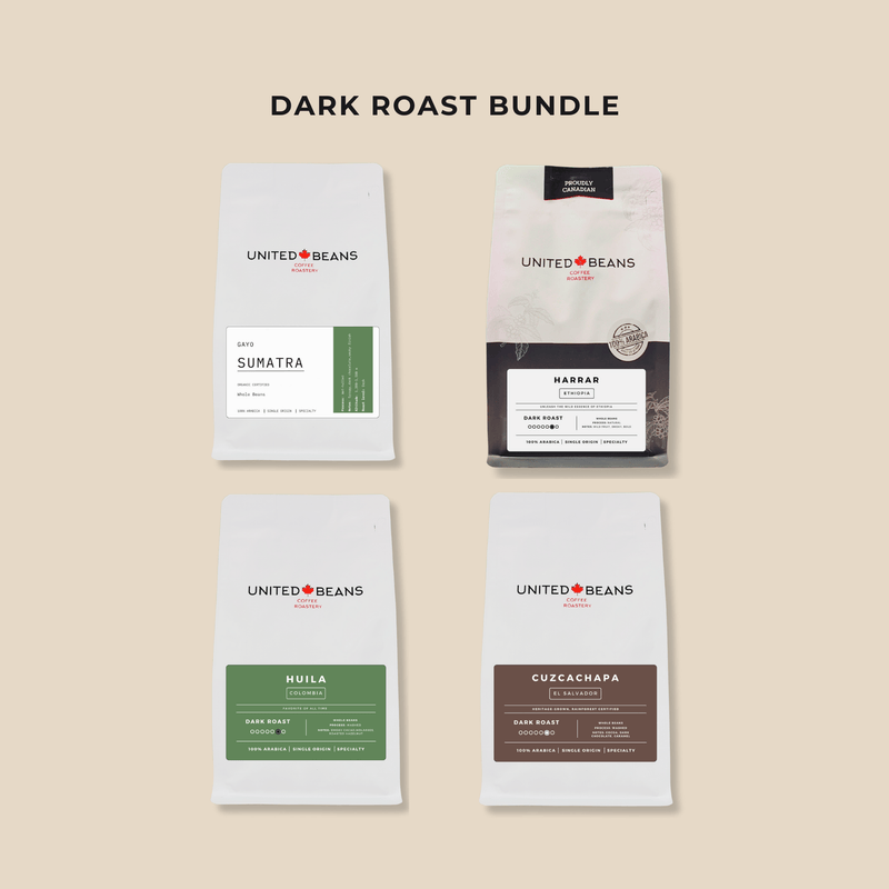 Dark roast coffee bundle of four bags of bold whole bean coffee from United Beans