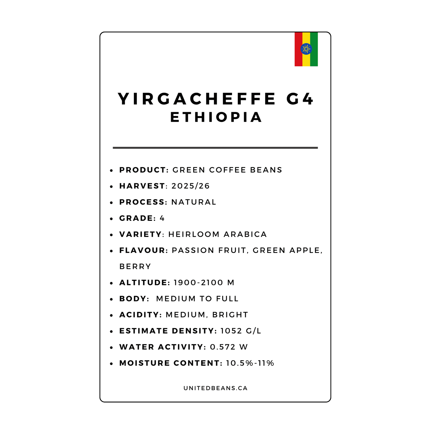 Ethiopia Yirgacheffe G4 Natural - Green Coffee Beans - Passion Fruit, Green Apple and Berry - United Beans specialty coffee beans in Canada