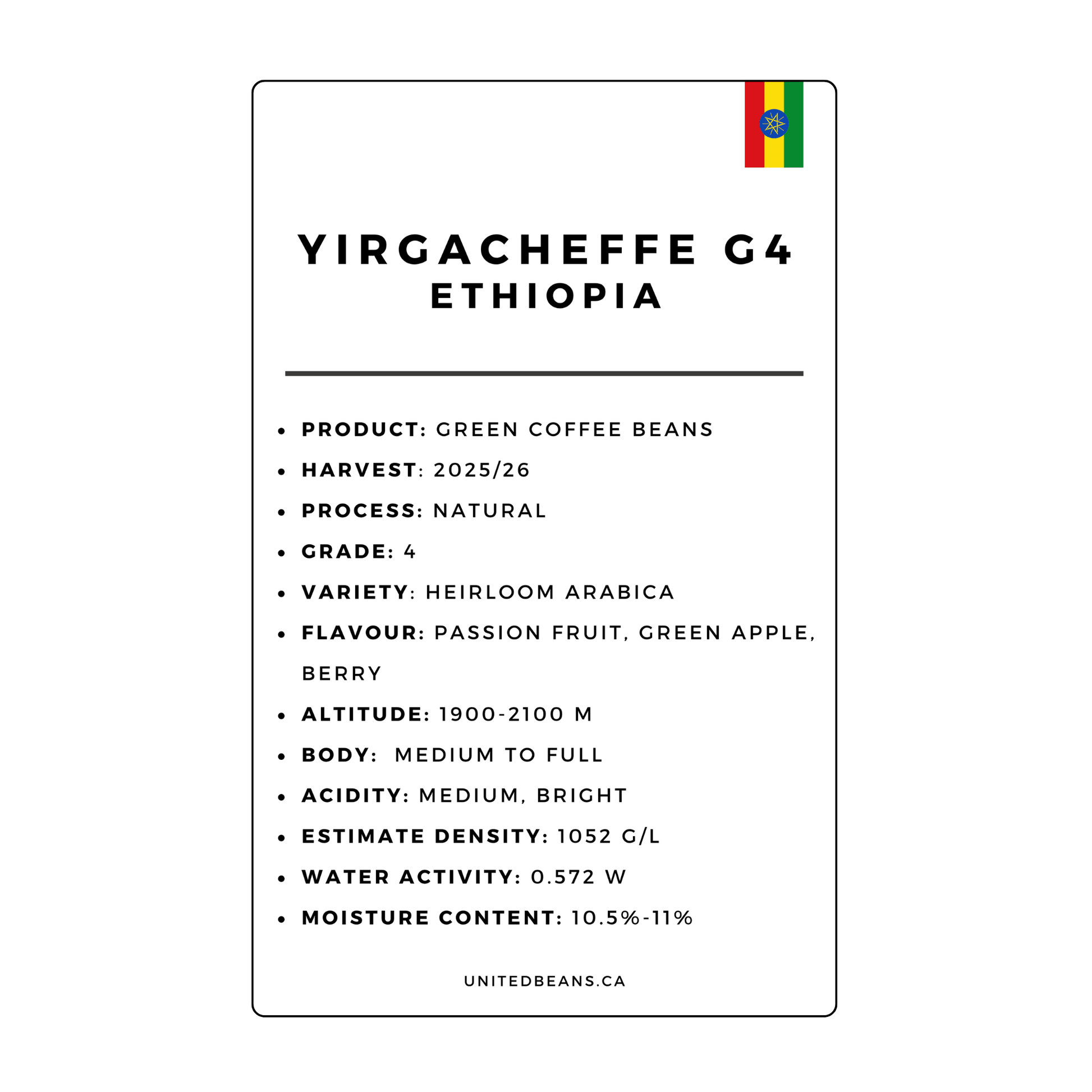 Ethiopia Yirgacheffe G4 Natural - Green Coffee Beans - Passion Fruit, Green Apple and Berry - United Beans specialty coffee beans in Canada