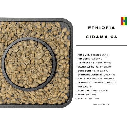 Ethiopia Sidama natural process green coffee beans bag — Grade 4 heirloom arabica specialty unroasted bulk Canada