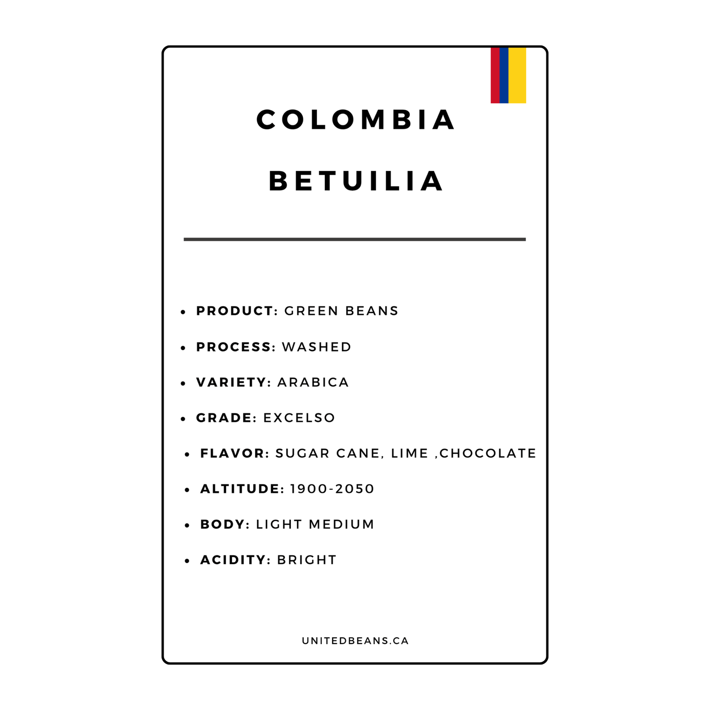 Green Coffee Beans | Colombia Betulia - United Beans specialty coffee beans in Canada