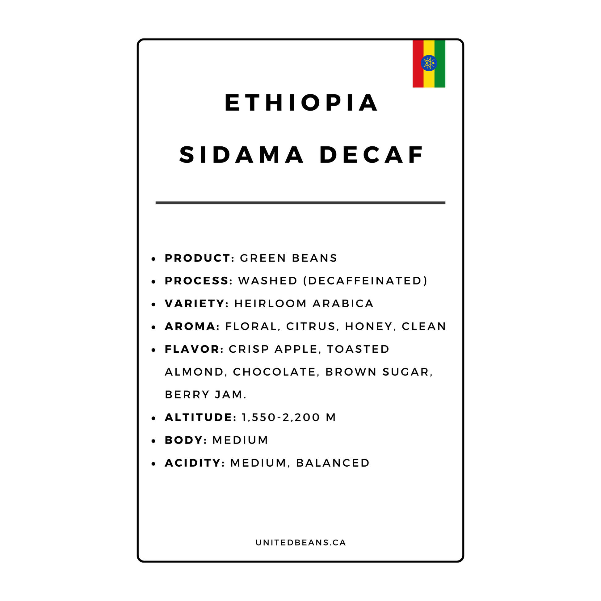 Green Coffee Beans | Ethiopia Sidama Decaf - United Beans specialty coffee beans in Canada
