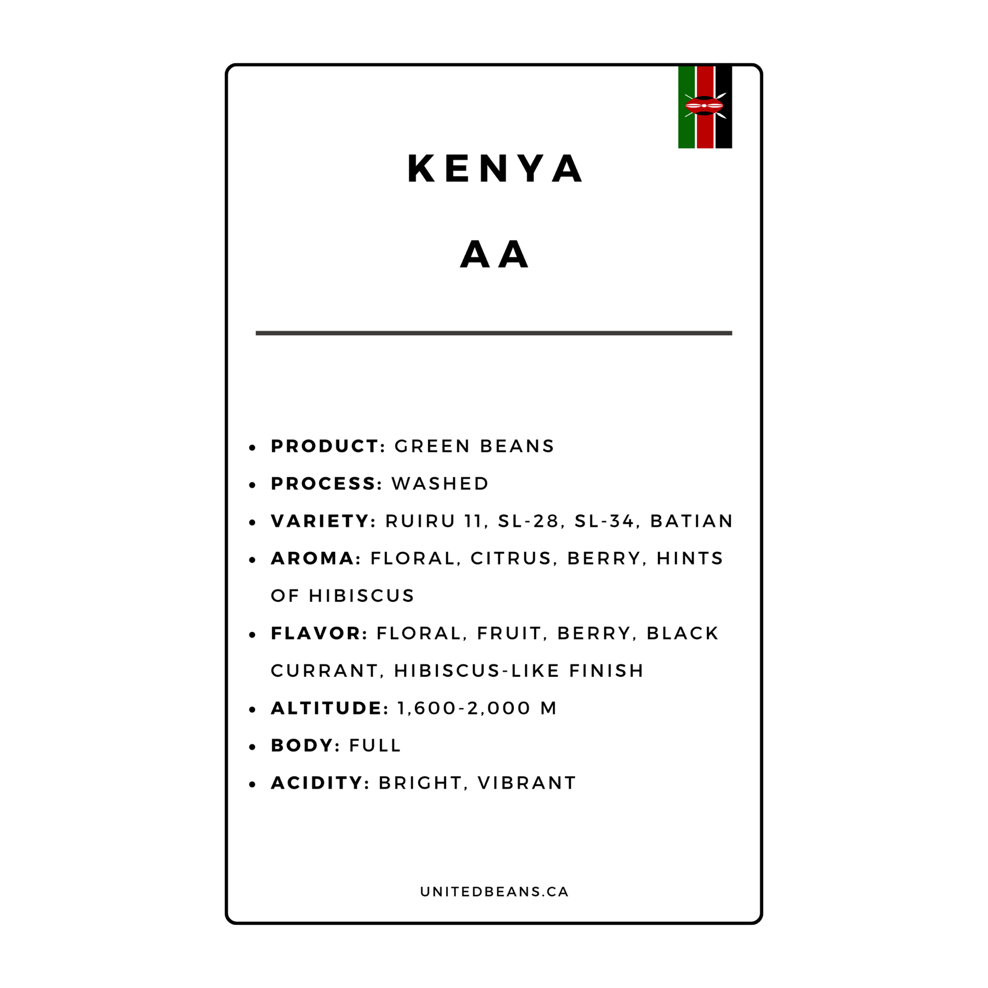 Kenya AA Plus Green Coffee Beans - United Beans specialty coffee beans in Canada
