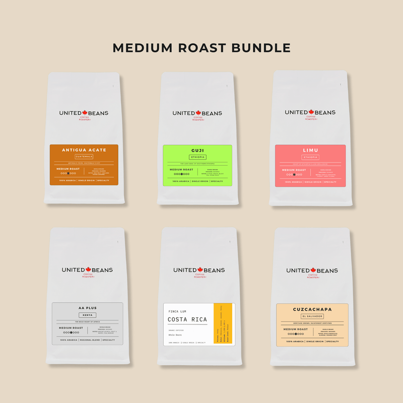 Medium roast bundle of six bags of single origin coffee beans from United Beans