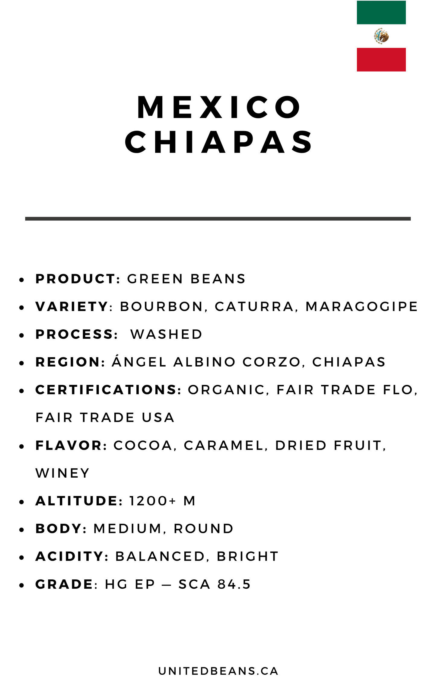 Mexico Chiapas Organic Fairtrade Green Coffee Beans - United Beans specialty coffee beans in Canada