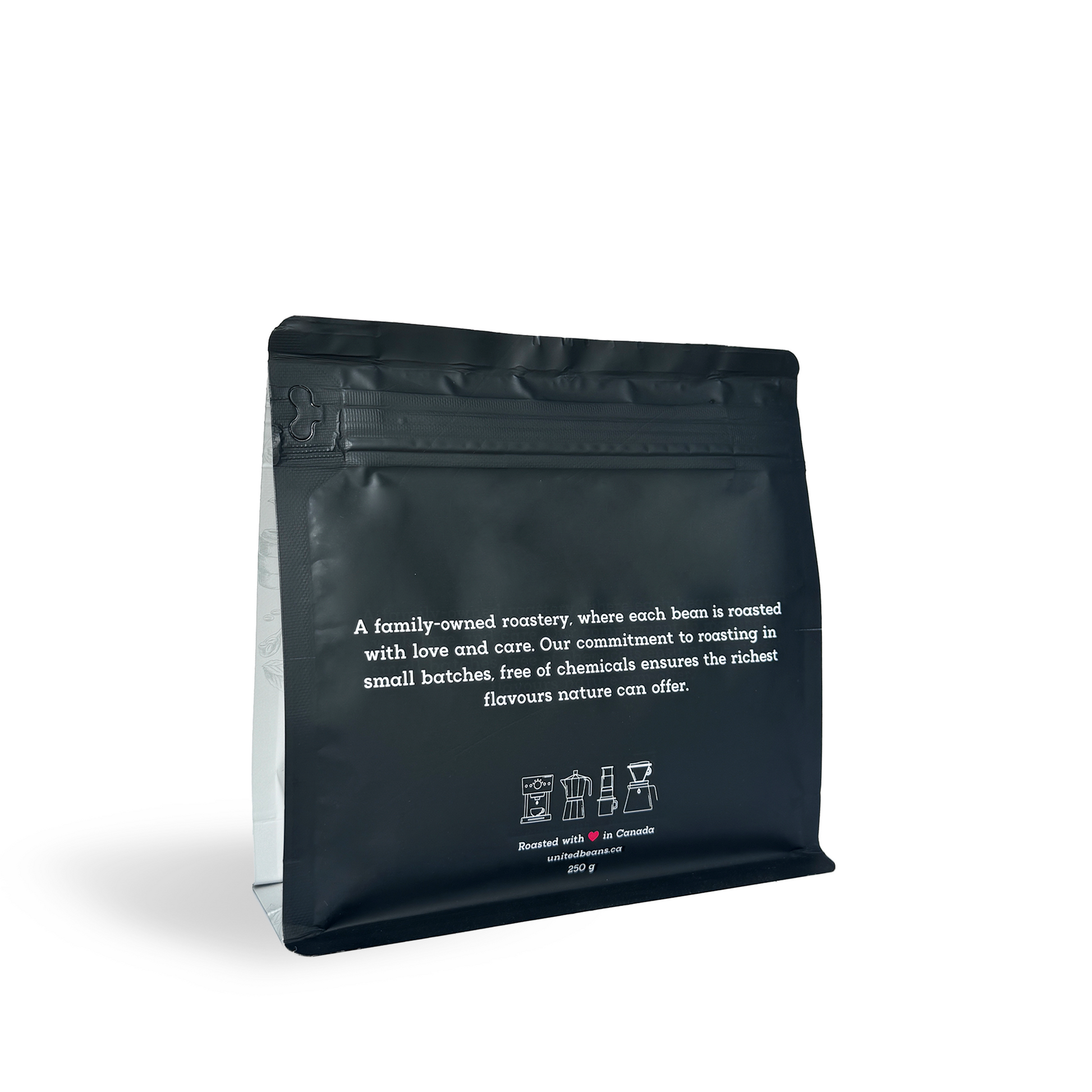 Back view of organic dark roast ground coffee bag, premium coffee information and coffee roasted in Toronto