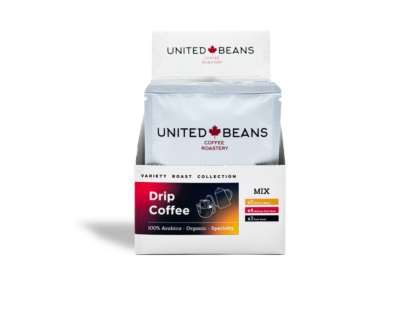 Mixed variety of organic drip coffee, including medium, medium-dark, and dark roasts from United Beans Coffee Roastery ideal for brewing anytime anywhere, great coffee for camping