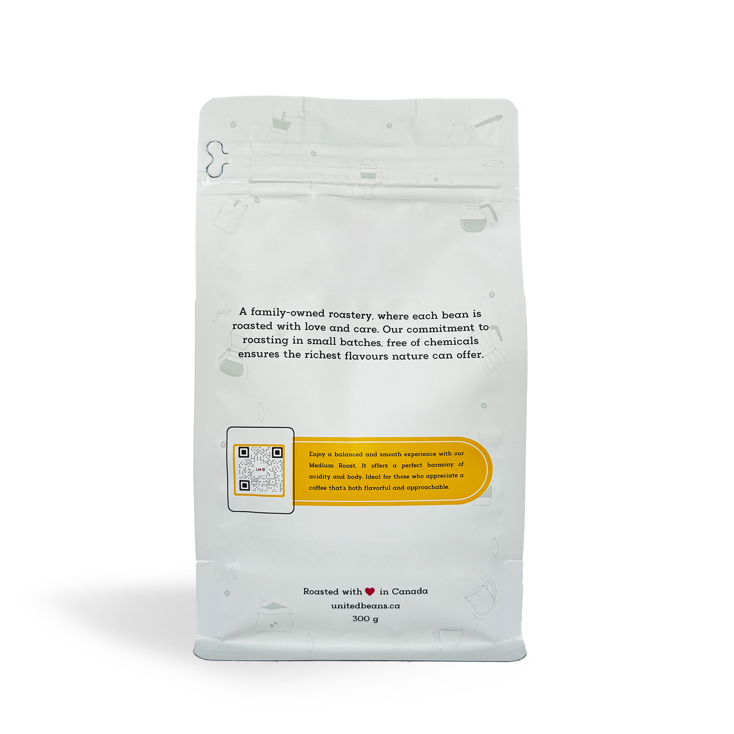 Back view of organic medium roast coffee bag, showcasing packaging details from United Beans Coffee Roastery