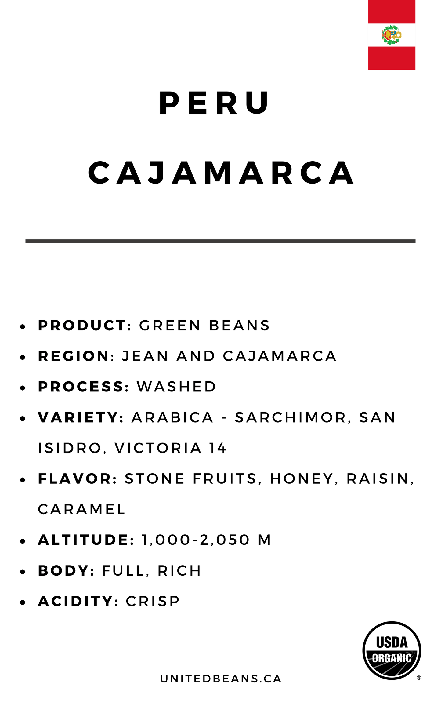 Peru Cajamarca FTO | Green Coffee Beans - United Beans specialty coffee beans in Canada