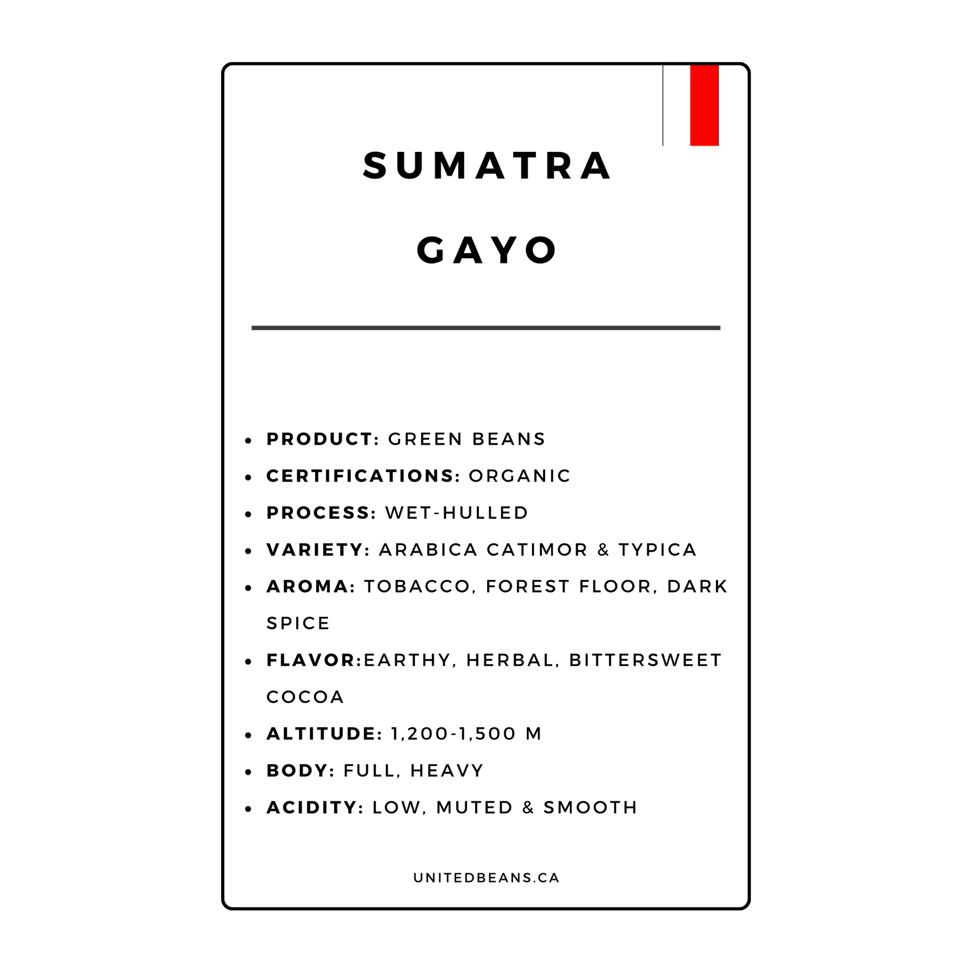 Sumatra G1 FTO Green Coffee Beans - United Beans specialty coffee beans in Canada