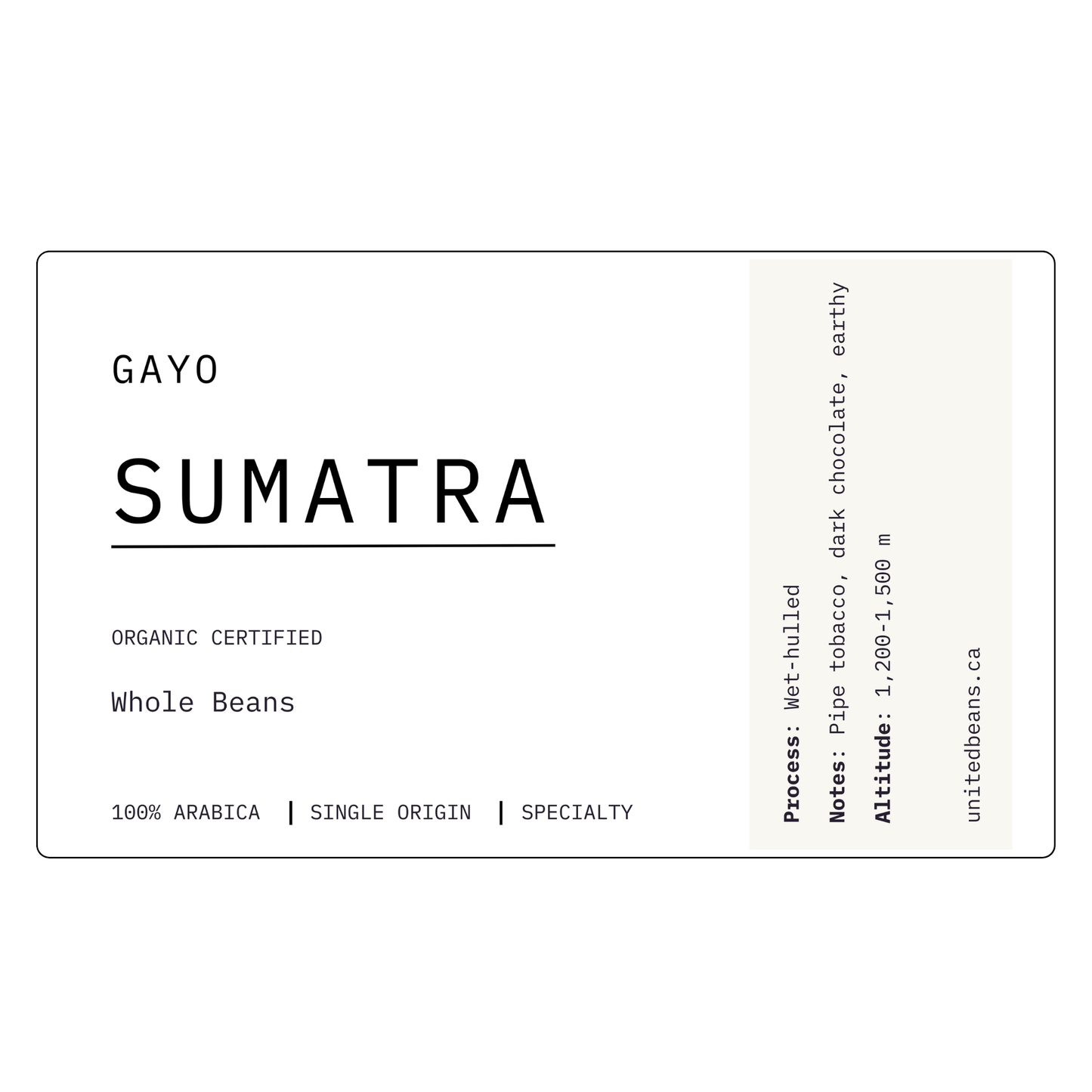 Sumatra G1 Organic Certified | Medium - Dark - United Beans specialty coffee beans in Canada