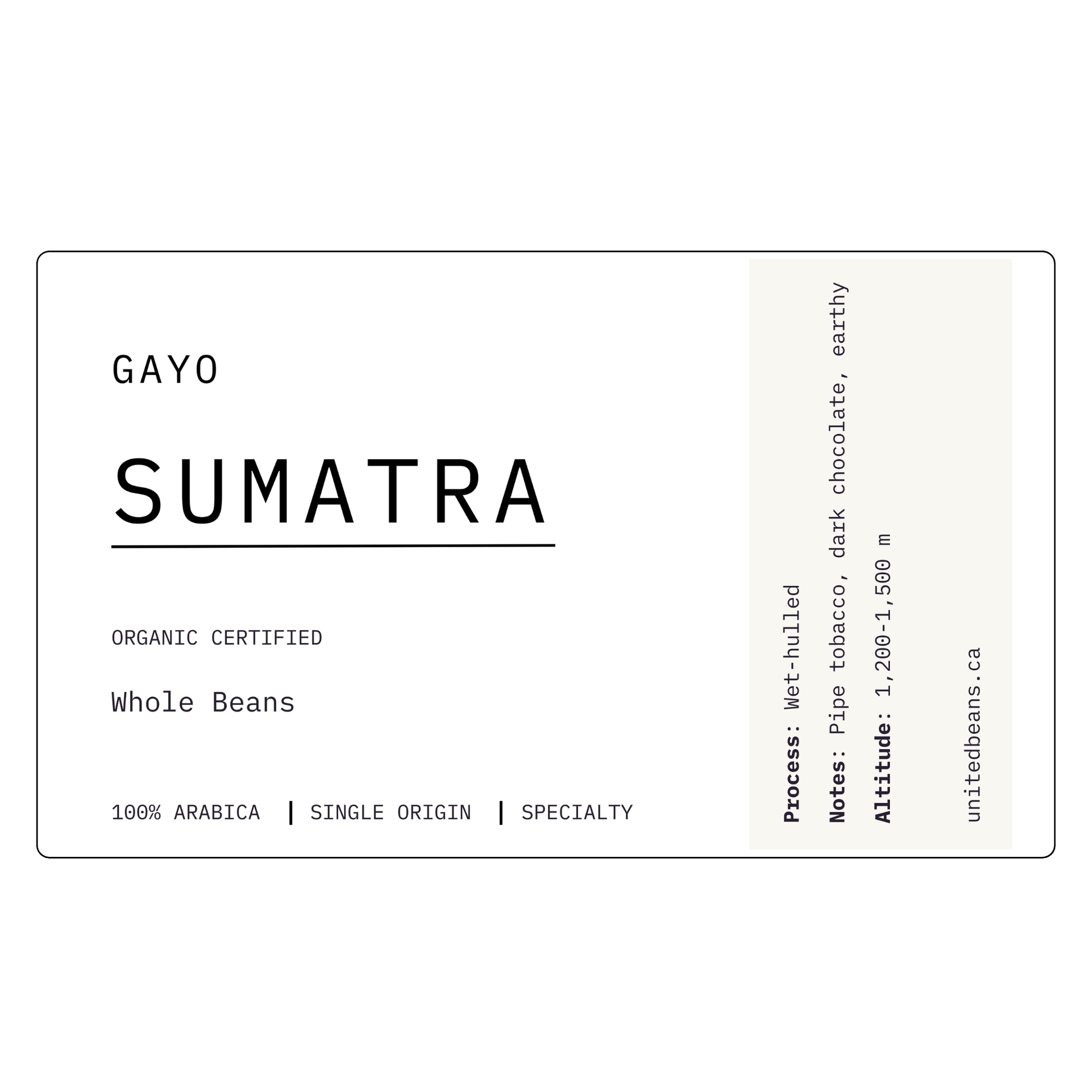 Sumatra G1 Organic Certified | Medium - Dark - United Beans specialty coffee beans in Canada