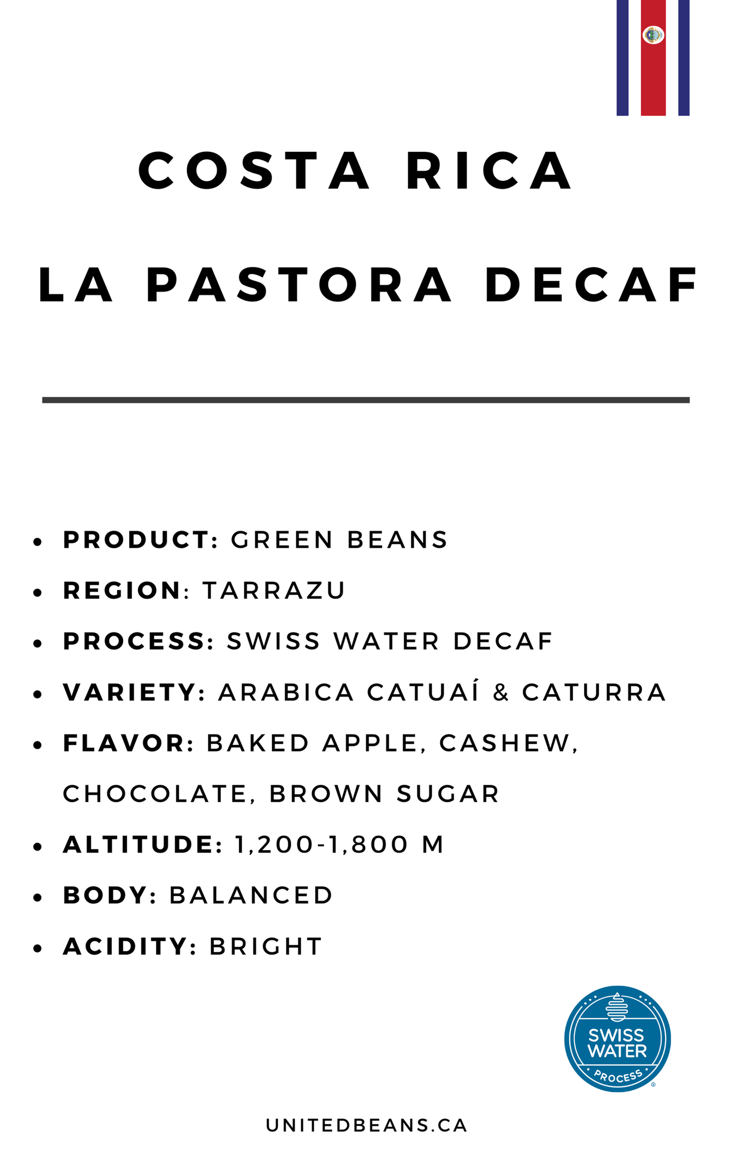Swiss Water Process Green Decaf Coffee Beans | Costa Rica Tarazu - United Beans specialty coffee beans in Canada